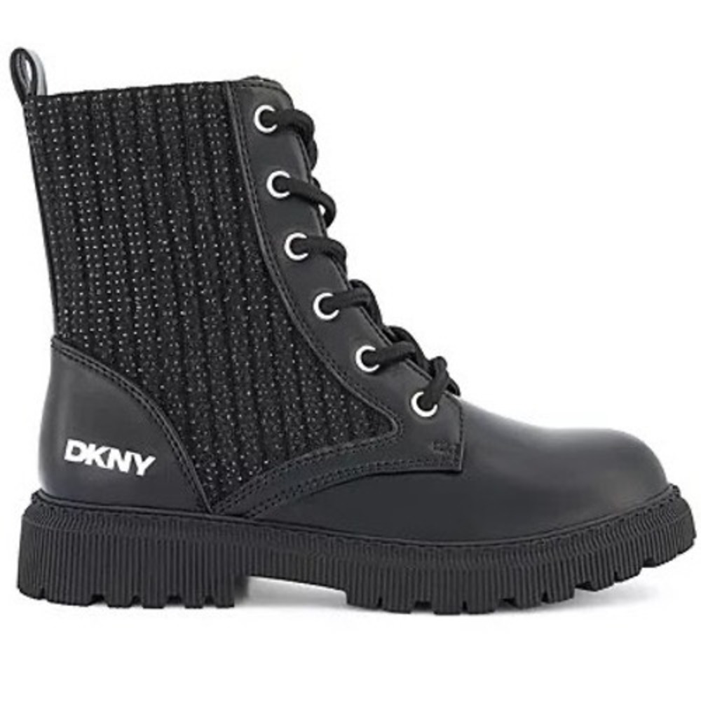 DKNY Kids Black Ava Menia Combat Boots Rhinestone Cuff Side Zip Lace Up Sz 2 NEW - Picture 10 of 15